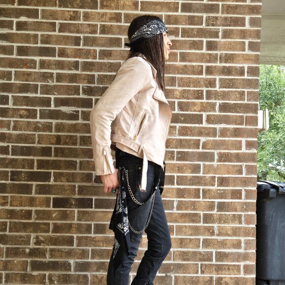 Unisex- Beige Faux Suede Biker Jacket - Picture 5 of 5